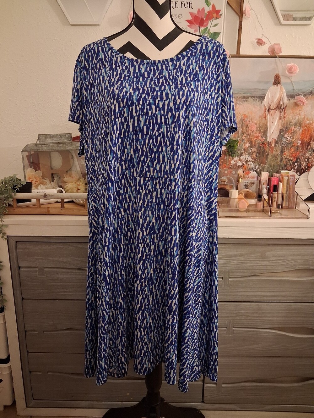 Michael Kors Blue and White Abstract Print Midi Dress